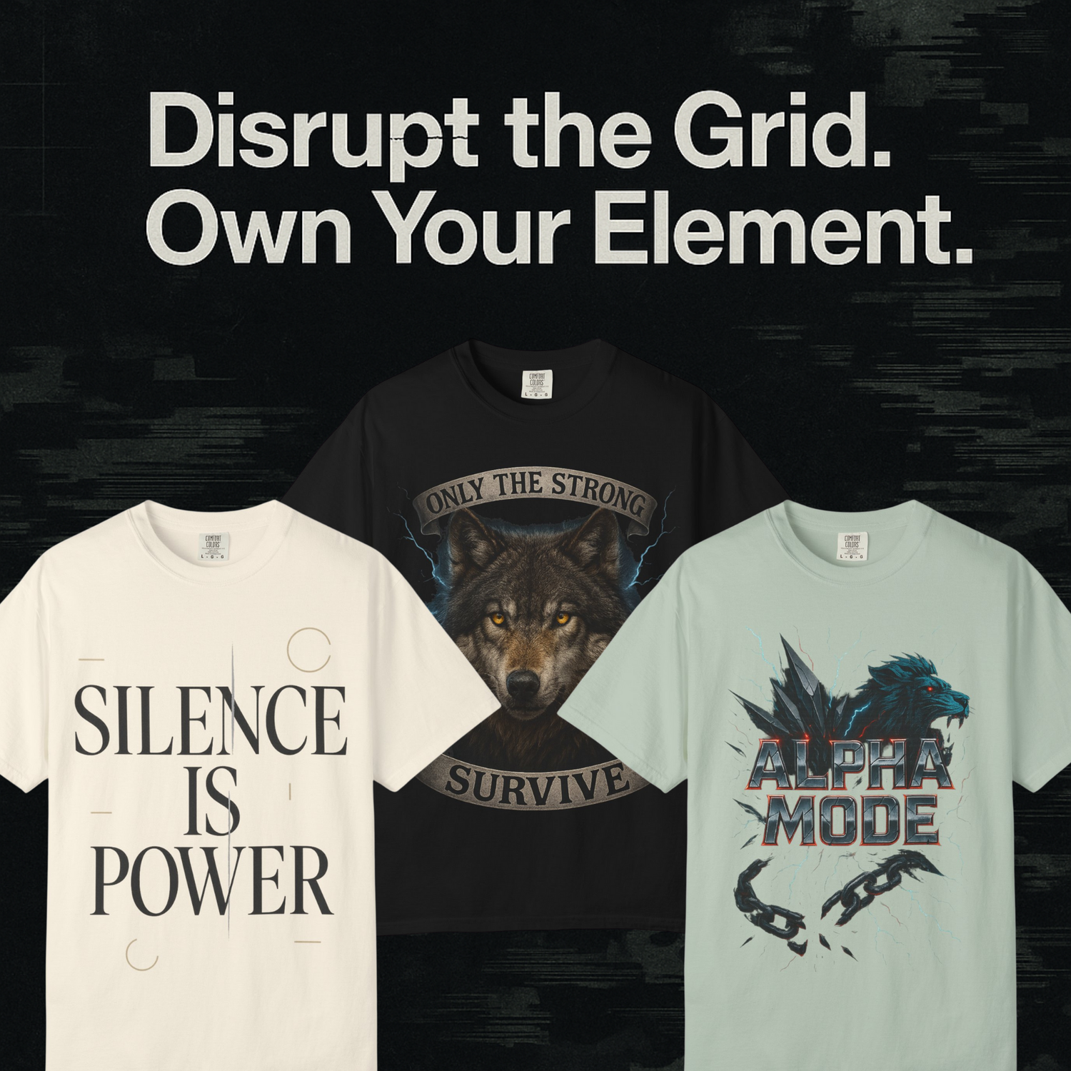 Streetwear banner with three oversized graphic T-shirts on a concrete wall: black wolf tee with 'Only the Strong Survive,' white tee with spear and raven 'Built by Legends,' and cream tee 'Silence is Power.'