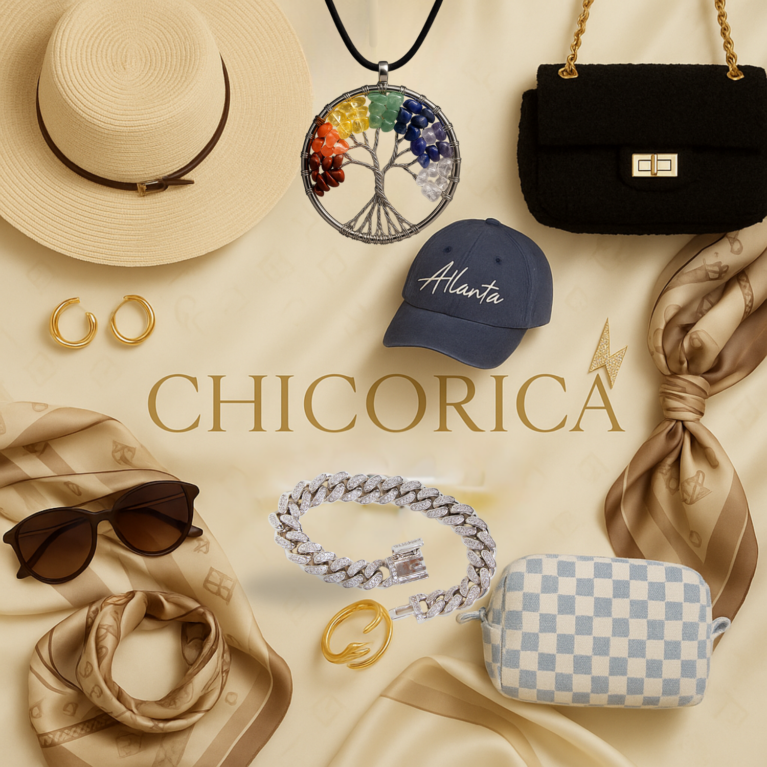 Chicorica luxury accessories on a champagne CR monogram backdrop: straw hat, navy Atlanta cap, gold jewelry, black handbag, silk scarf, check pouch, and beaded bracelet with CHICORICA logo in metallic gold.